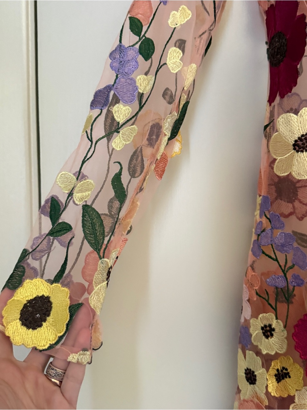 Finesse Sheer Long-Sleeve Dress with Multicolor Floral Appliqué - Picture 5 of 8